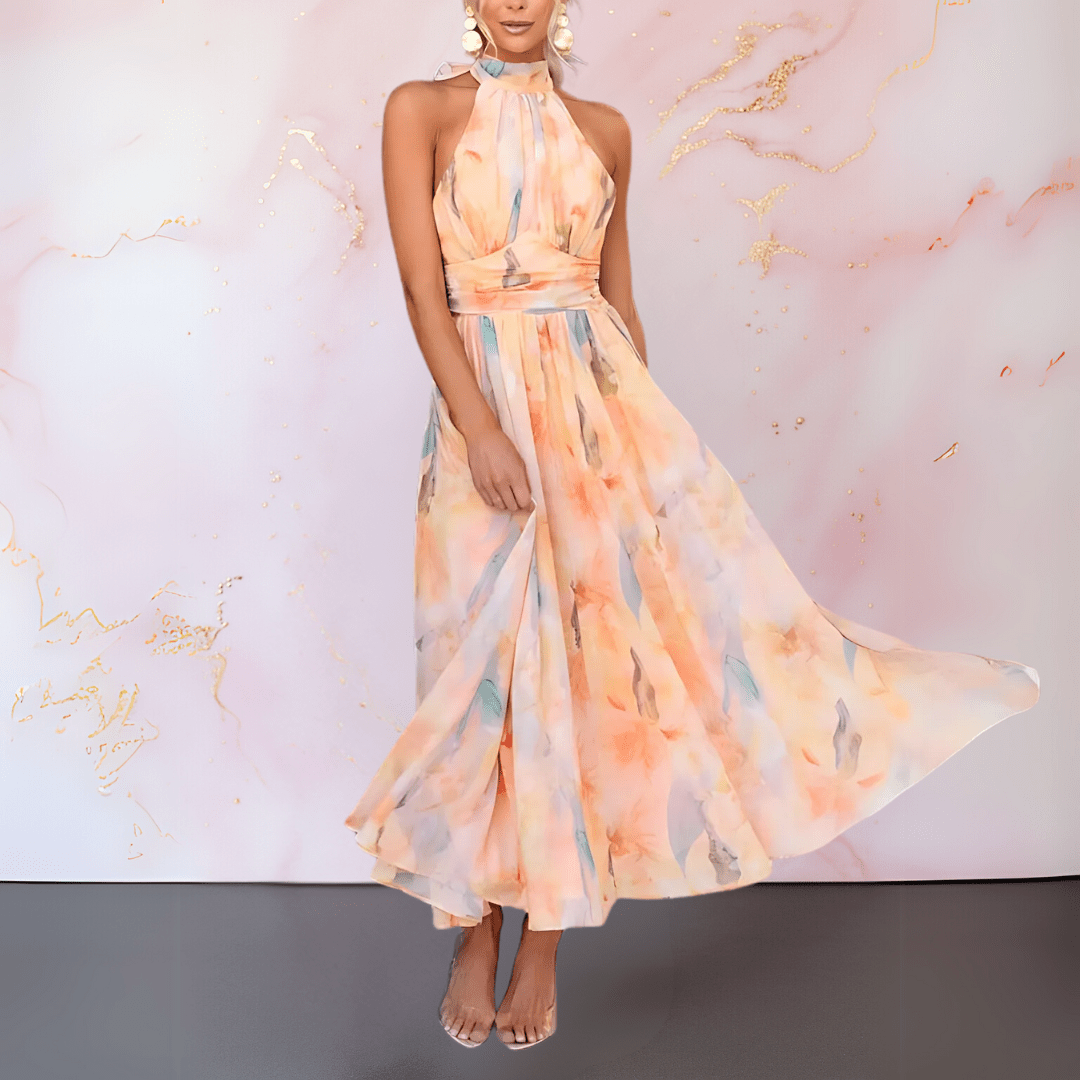 Matilda | Damen Sommer Neckholder Maxi Strandkleid mit Aquarell-Print