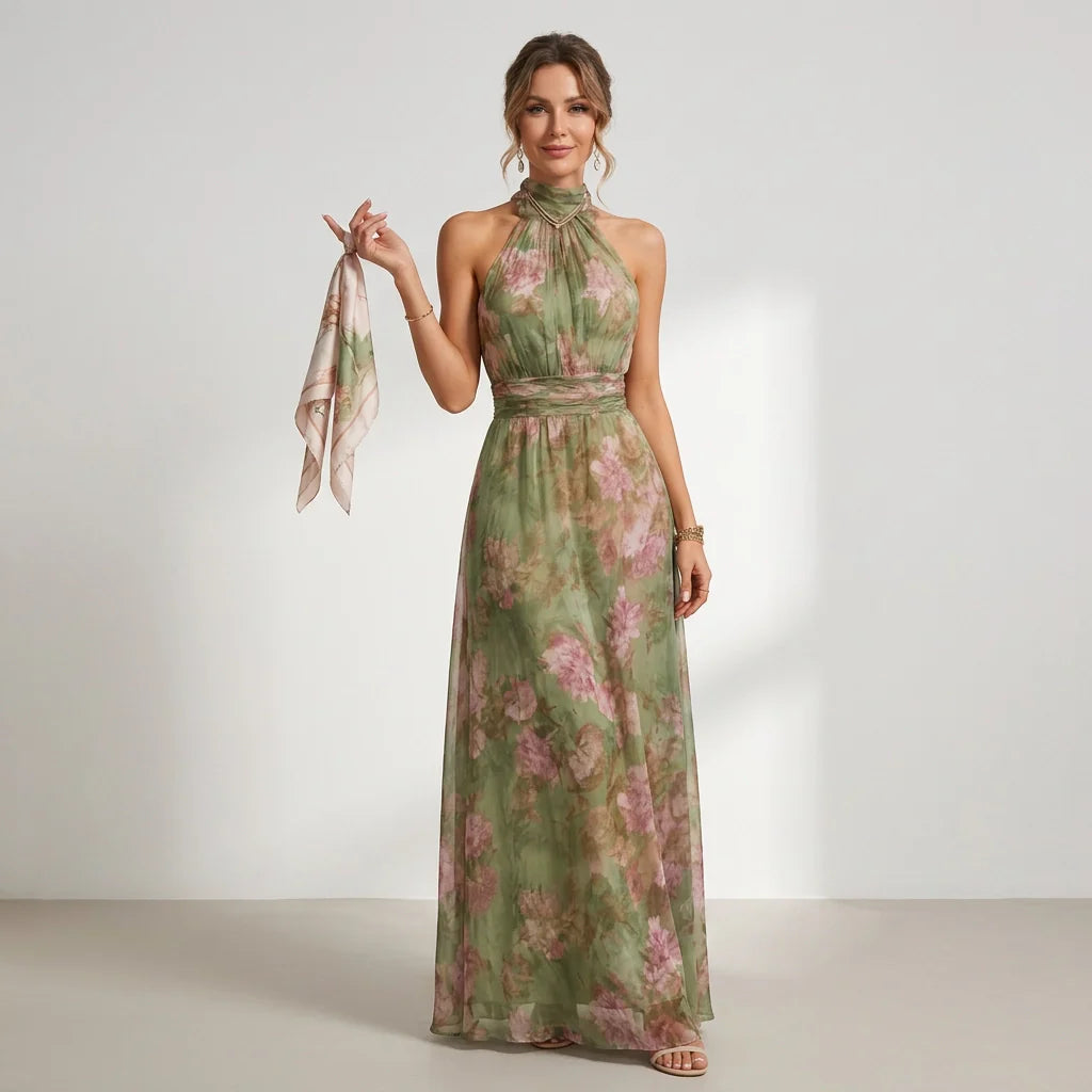 Langes Neckholder Sommerkleid aus Chiffon mit Blumenprint