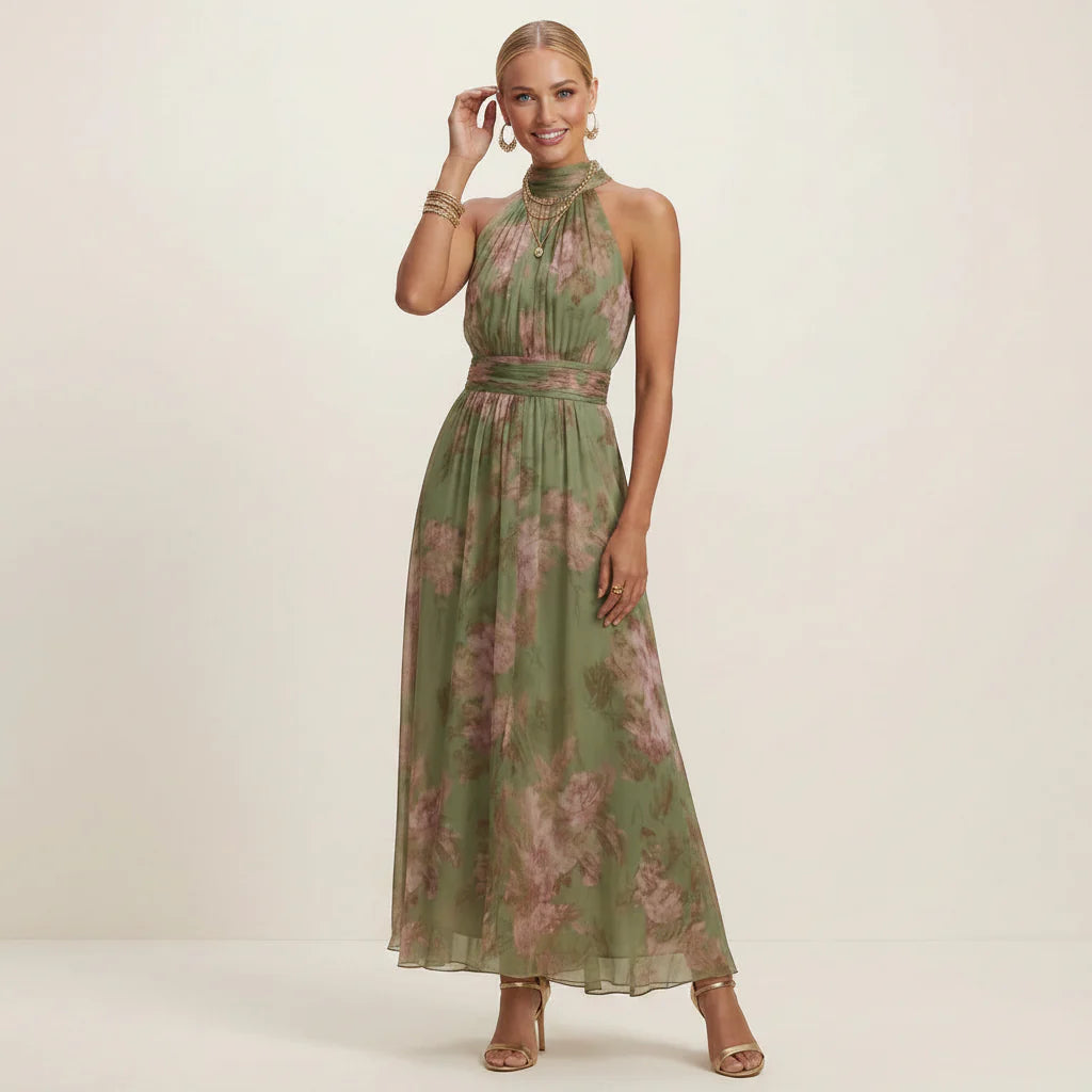 Langes Neckholder Sommerkleid aus Chiffon mit Blumenprint
