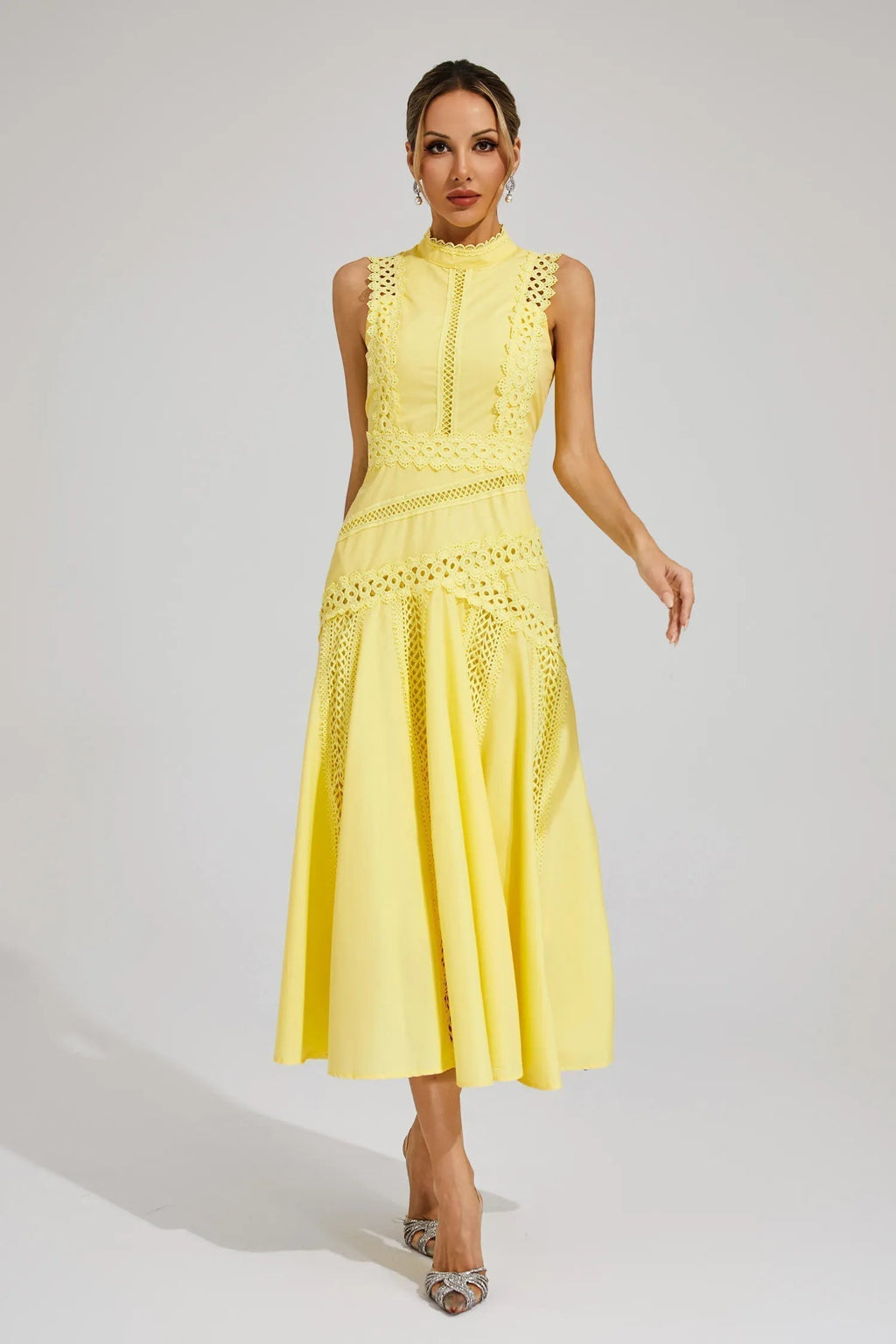 Ottaviana | Damen Ärmelloses Midi Spitzenkleid Gelb