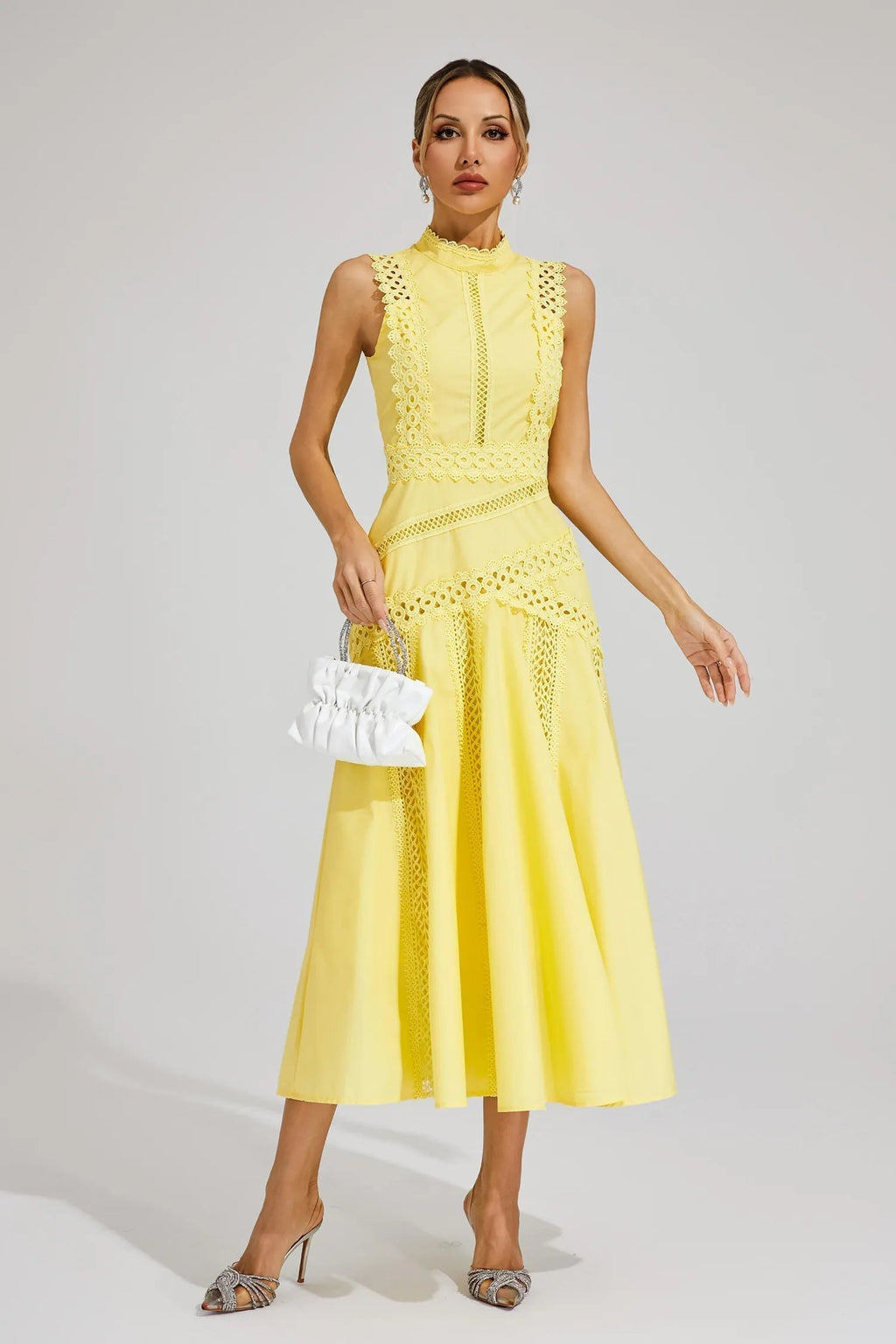 Ottaviana | Damen Ärmelloses Midi Spitzenkleid Gelb