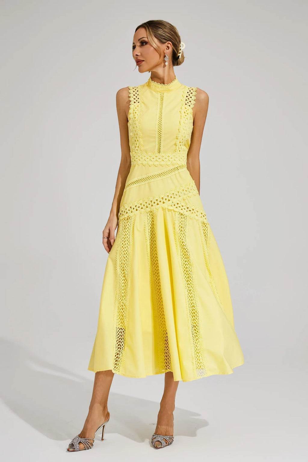 Ottaviana | Damen Ärmelloses Midi Spitzenkleid Gelb