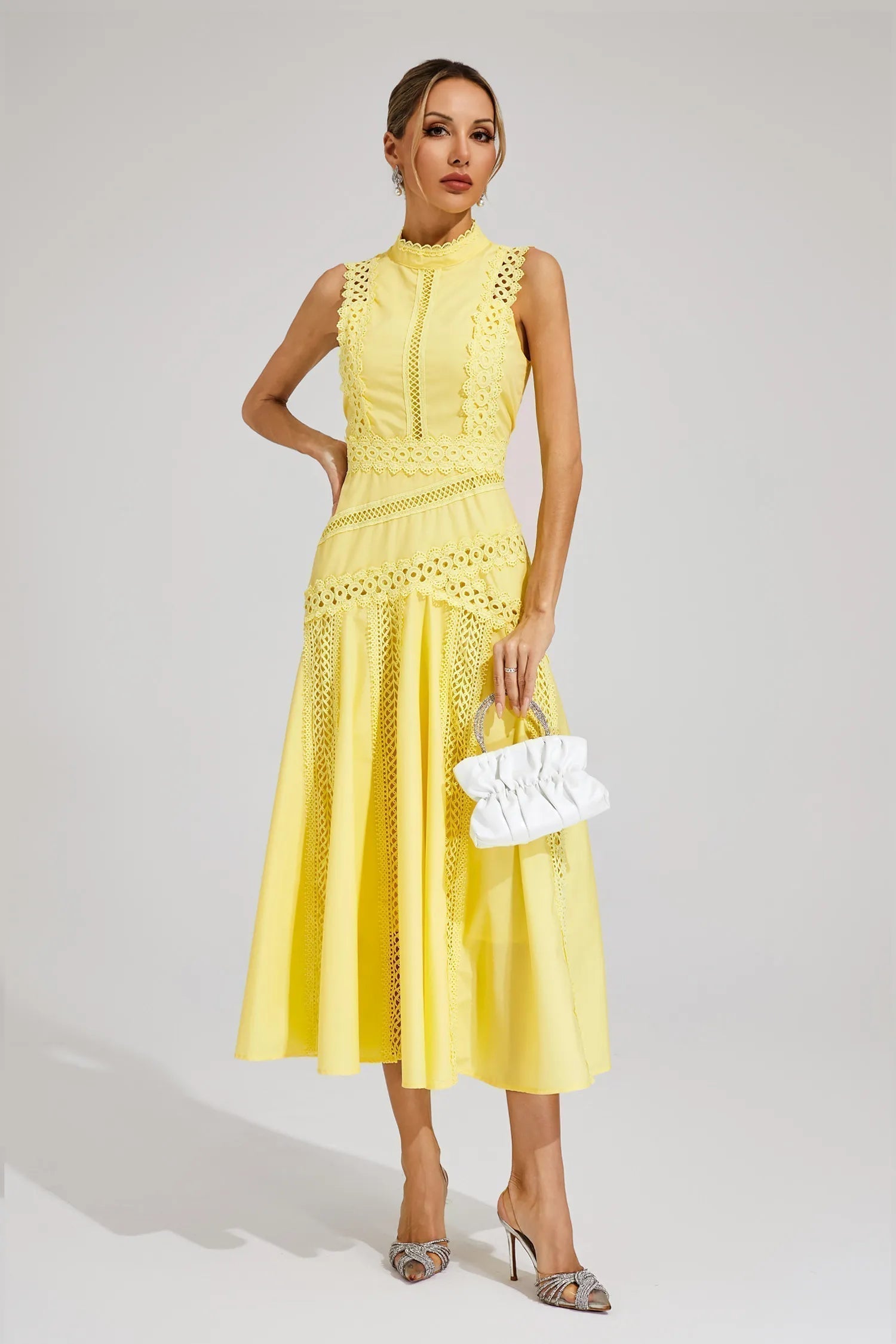 Ottaviana | Damen Ärmelloses Midi Spitzenkleid Gelb