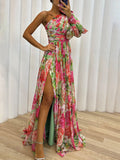 Philippa | Damen One-Shoulder Blüten Maxikleid mit Schlitz