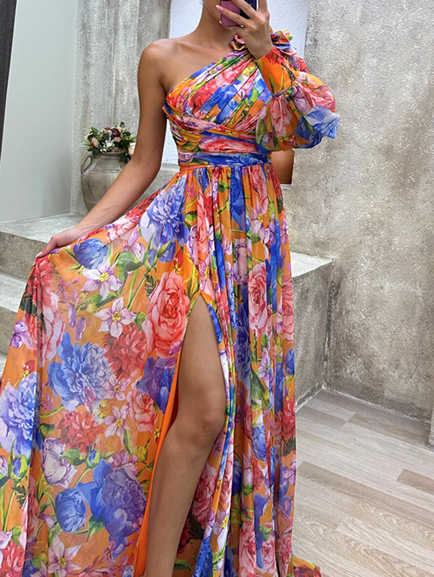 Philippa | Damen One-Shoulder Blüten Maxikleid mit Schlitz