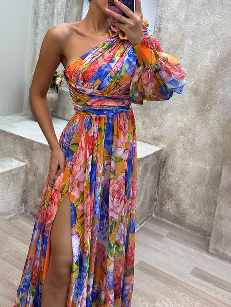 Philippa | Damen One-Shoulder Blüten Maxikleid mit Schlitz