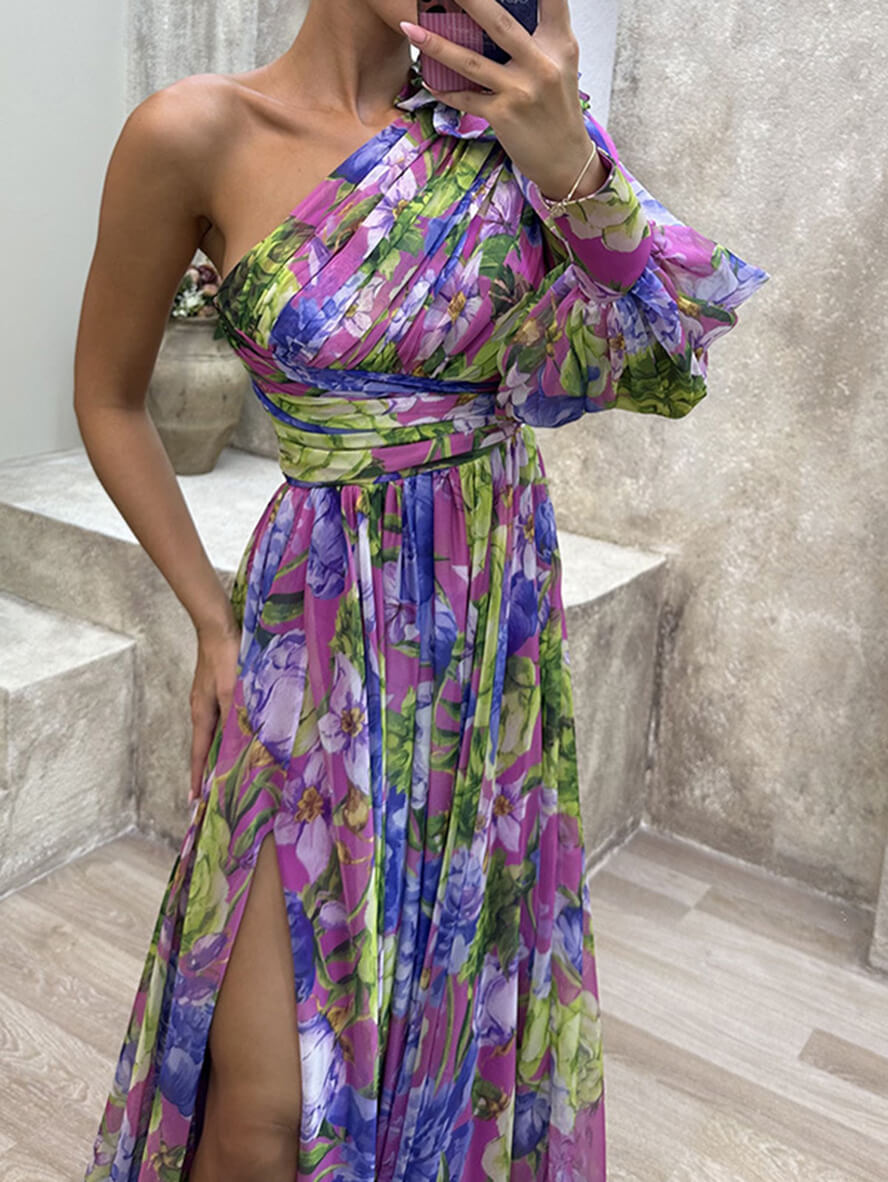 Philippa | Damen One-Shoulder Blüten Maxikleid mit Schlitz