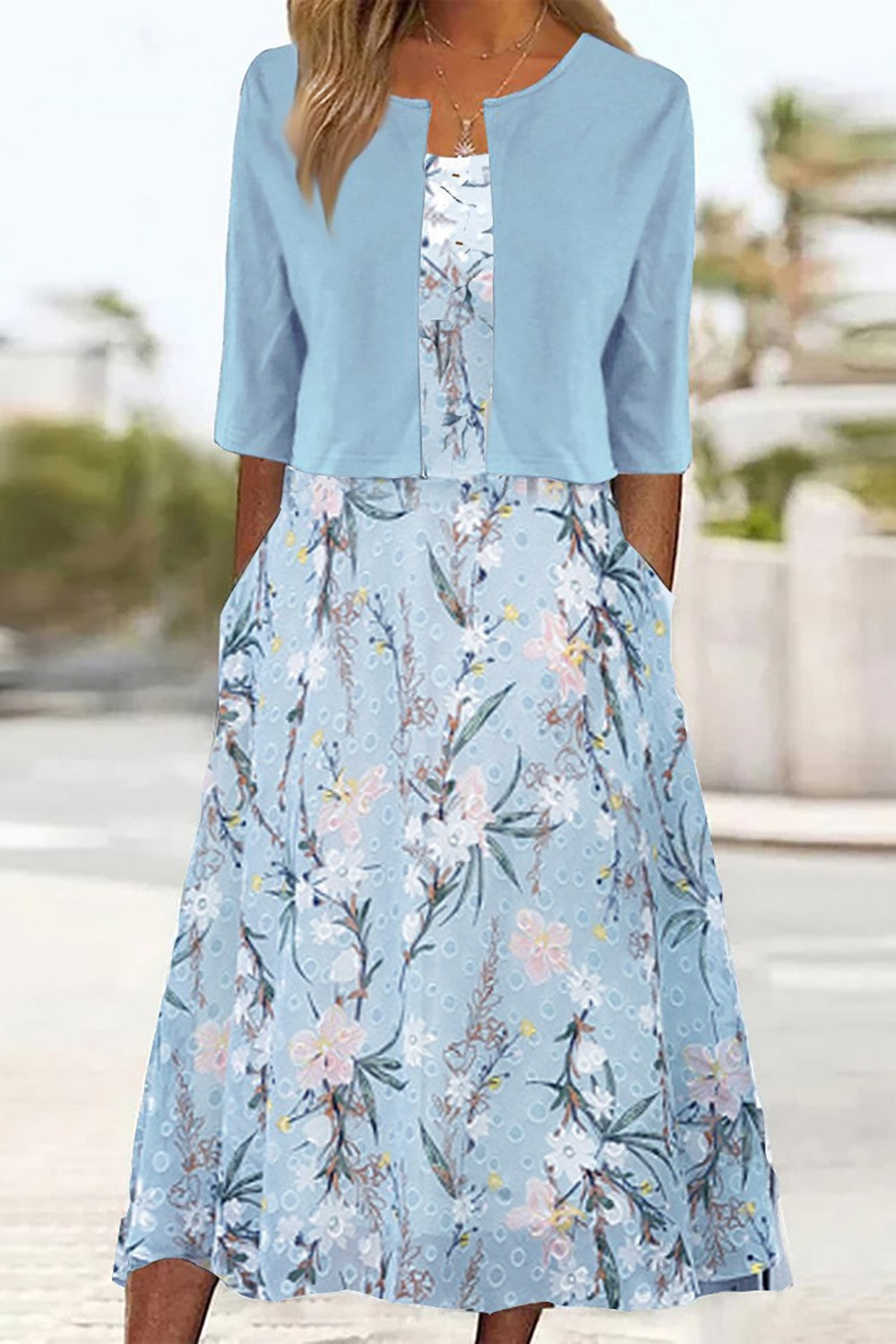 Damen Sommer Blumig Zweiteiler Midikleid Set