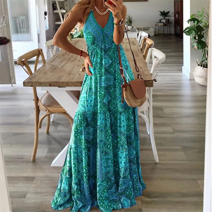 Damen Boho V-Ausschnitt Fließendes Maxi Kleid