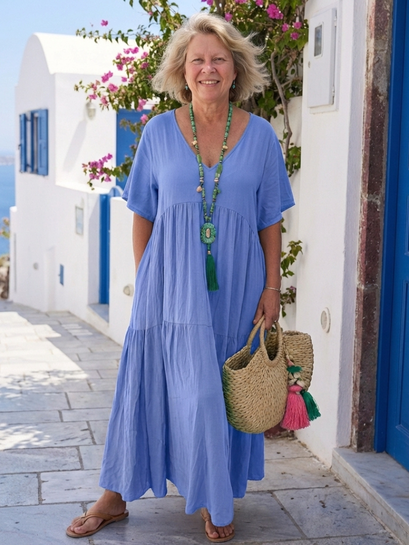Rosemarie | Damen Stufenkleid Maxikleid mit Kurzarm