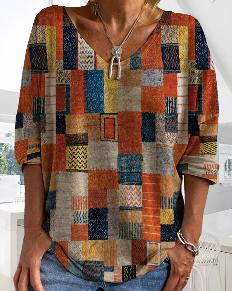 Rosilda | Damen Patchwork V-Ausschnitt Bluse