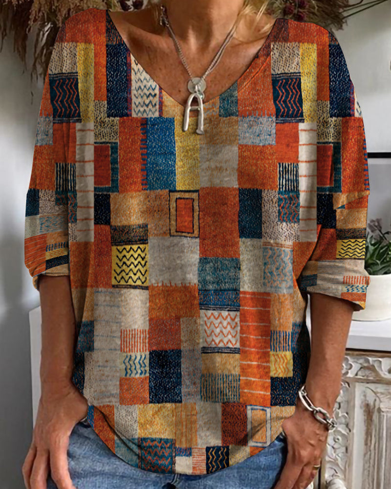 Rosilda | Damen Patchwork V-Ausschnitt Bluse