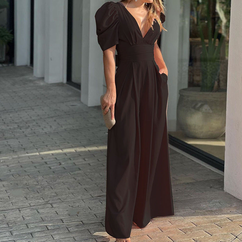 Roswitha | Damen V-Ausschnitt Puffärmel Jumpsuit