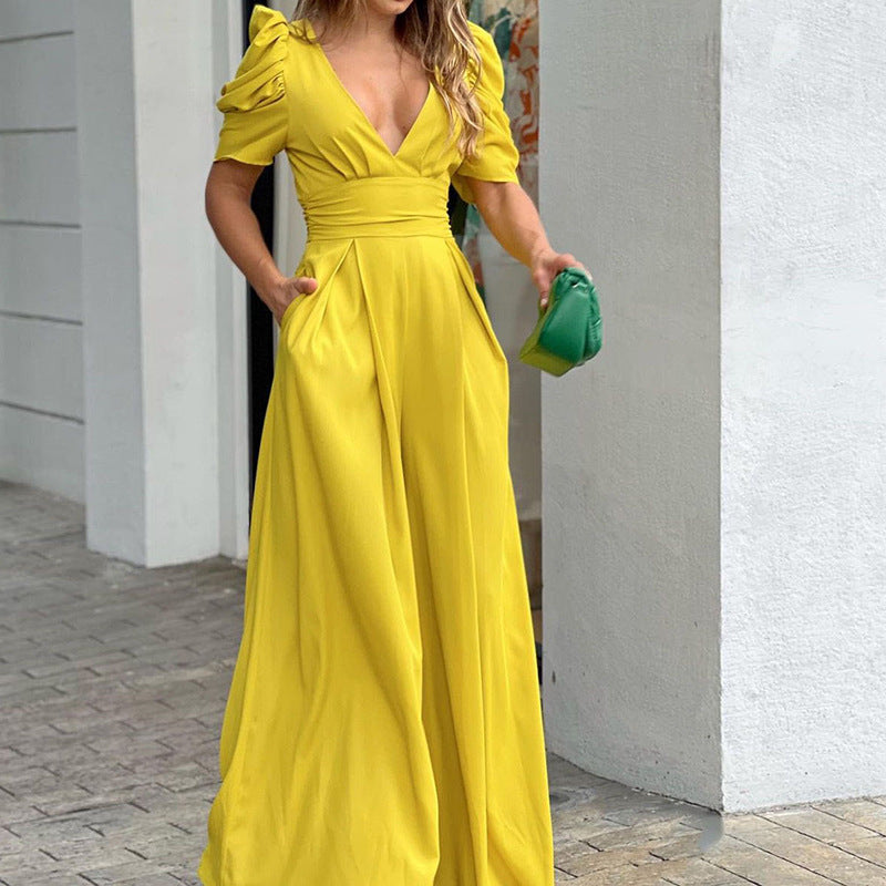 Roswitha | Damen V-Ausschnitt Puffärmel Jumpsuit
