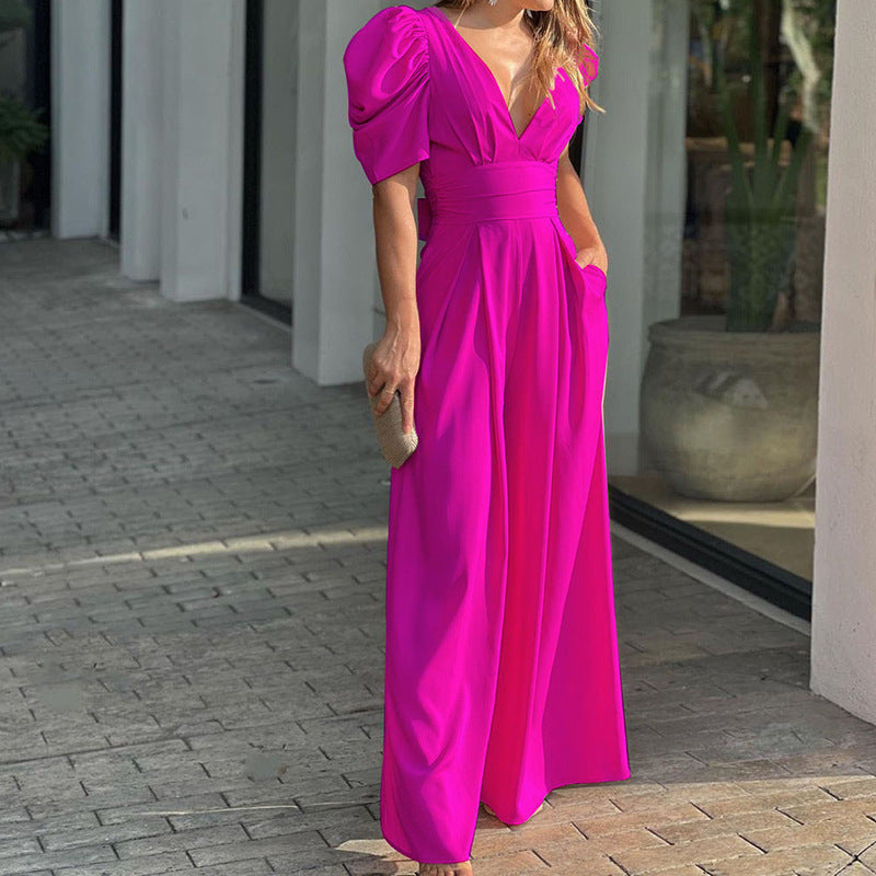 Roswitha | Damen V-Ausschnitt Puffärmel Jumpsuit