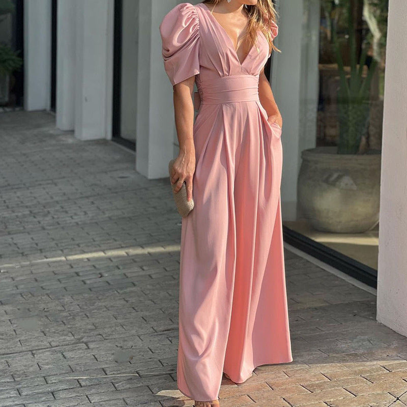 Roswitha | Damen V-Ausschnitt Puffärmel Jumpsuit