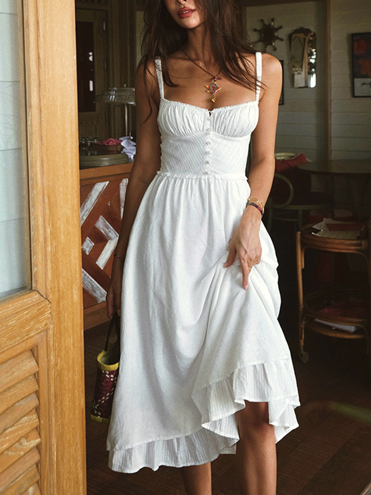 Damen Strand Rüschen Spaghetti Träger Midi Kleid
