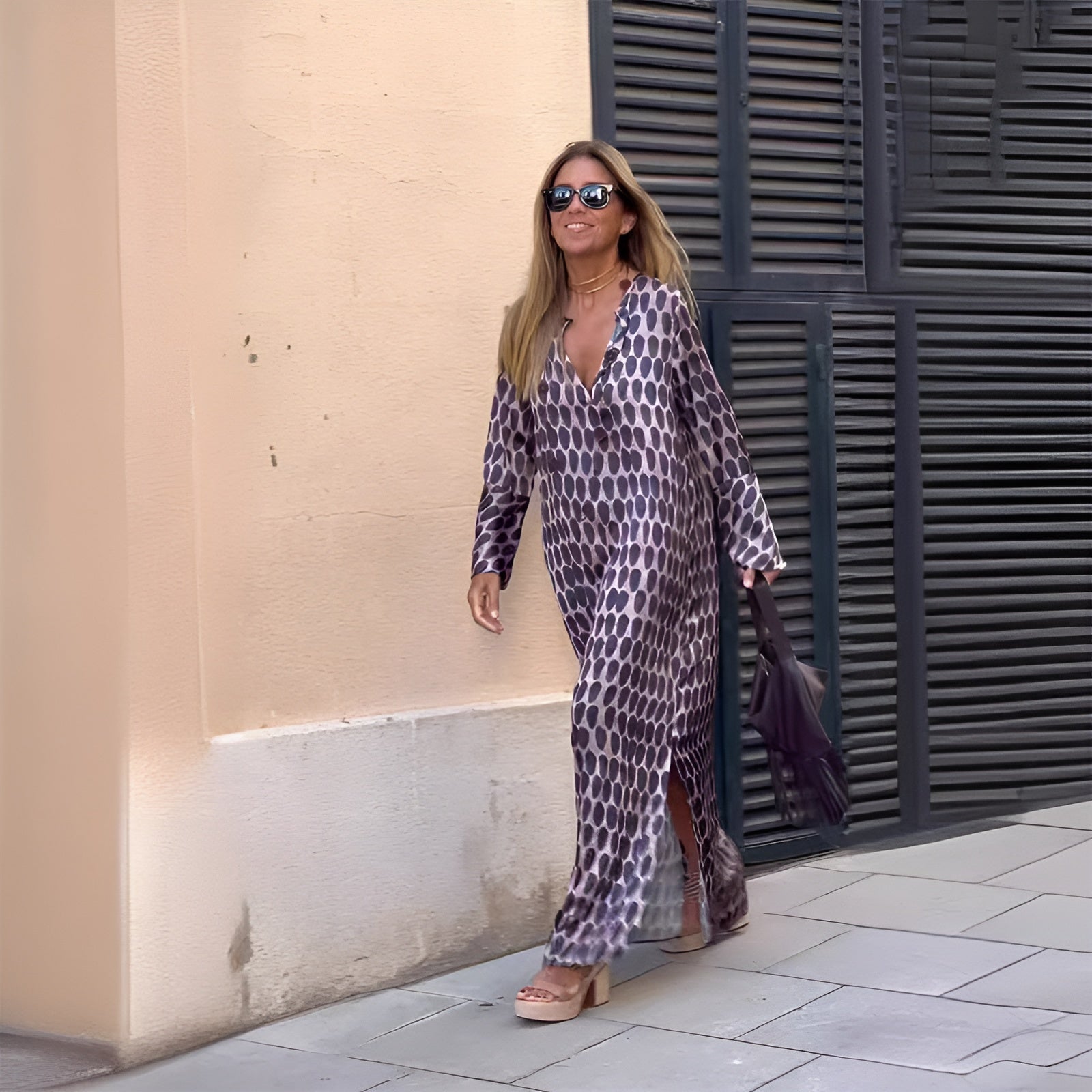 Runa | Damen Bedruckte Langarm Maxikleid