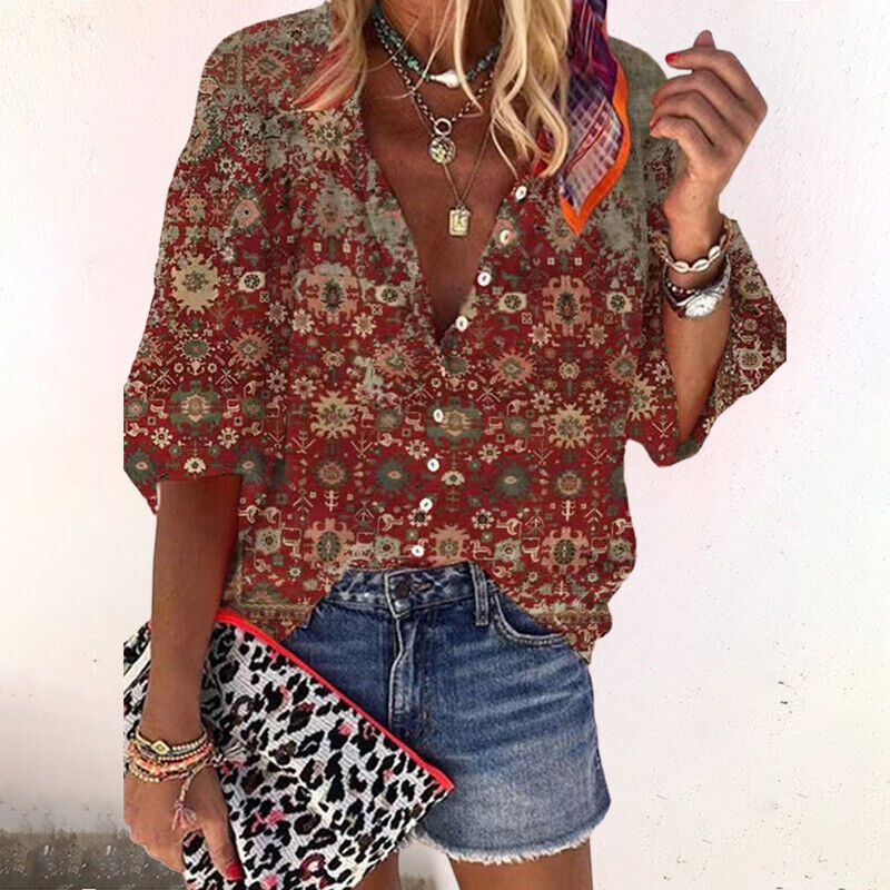Nadia | Damen Bluse Boho Ornamentmuster V-Ausschnitt Langarm