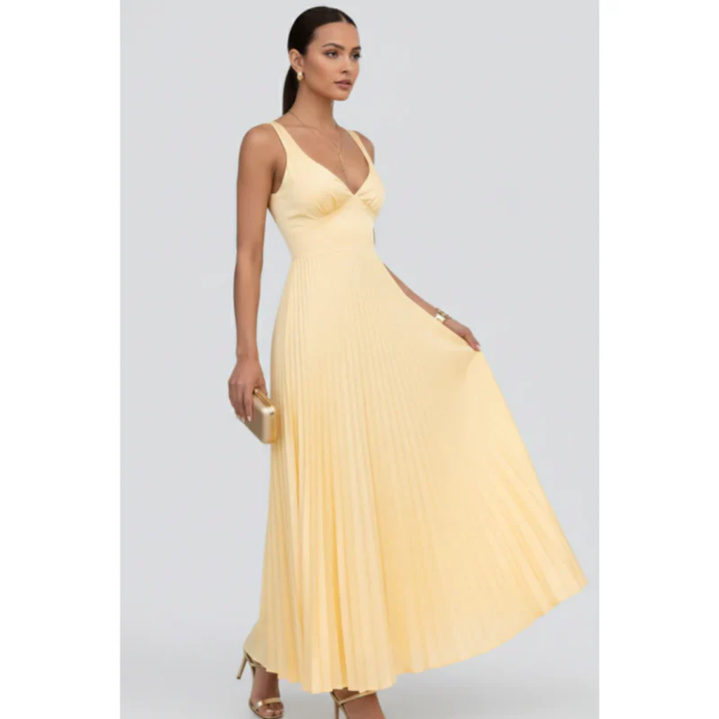 Samia | Damen Gelbes Maxikleid Abend V-Ausschnitt Plissee – Maxi Gelb Plissee 2026
