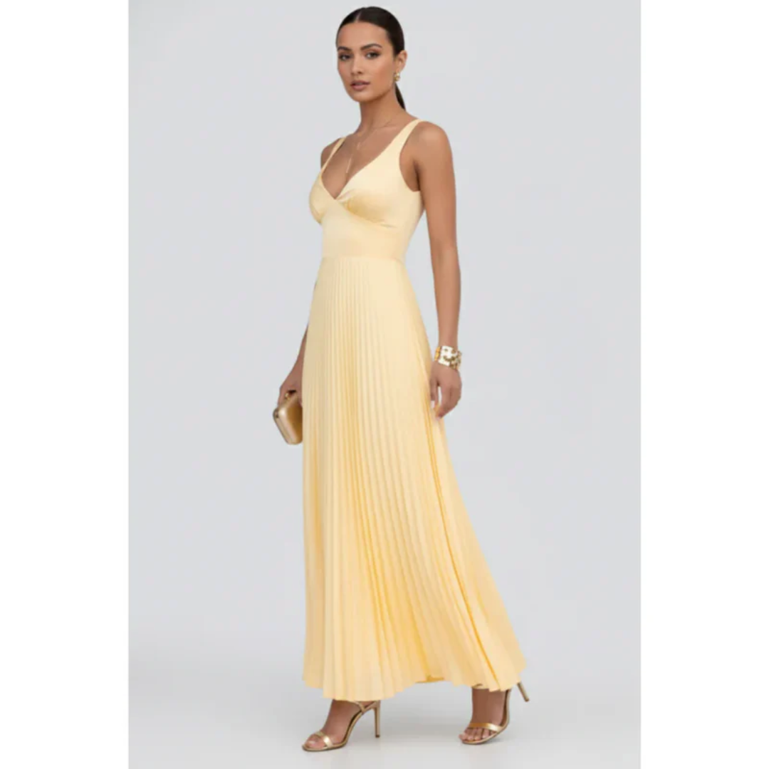 Samia | Damen Gelbes Maxikleid Abend V-Ausschnitt Plissee – Maxi Gelb Plissee 2026