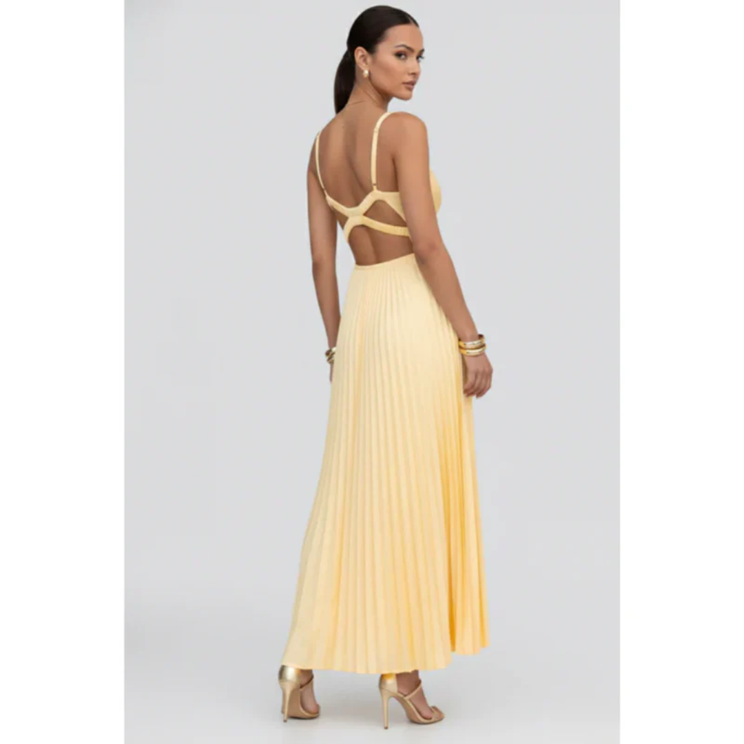 Samia | Damen Gelbes Maxikleid Abend V-Ausschnitt Plissee – Maxi Gelb Plissee 2026