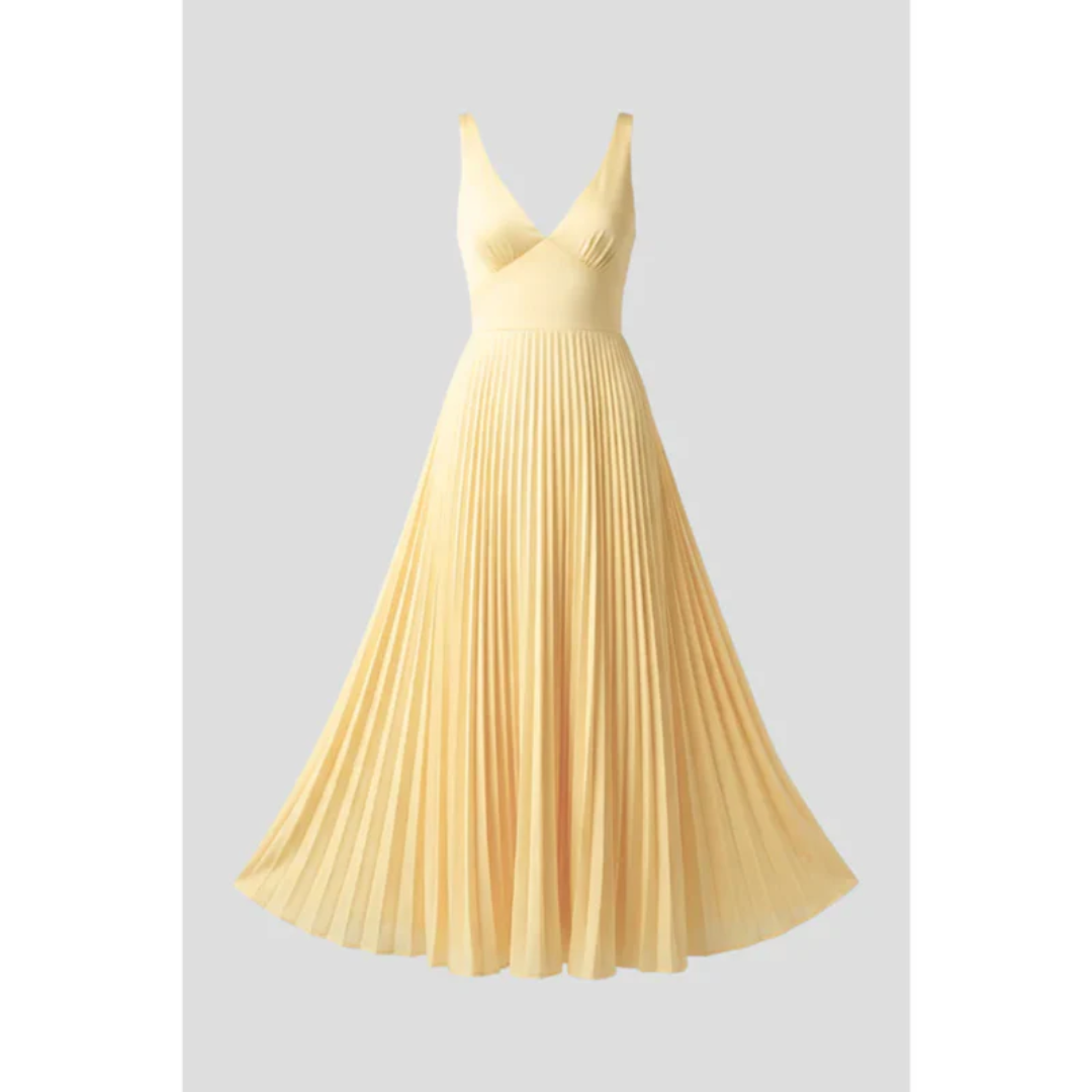 Samia | Damen Gelbes Maxikleid Abend V-Ausschnitt Plissee – Maxi Gelb Plissee 2026