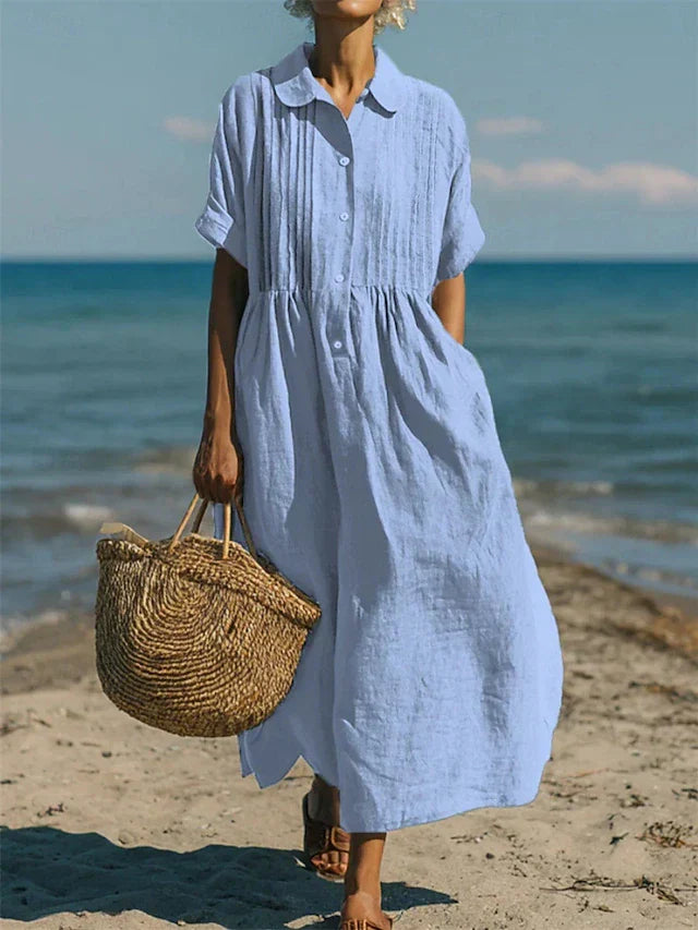 Saskia | Damen Hemdblusenkleid Maxikleid mit Knöpfen