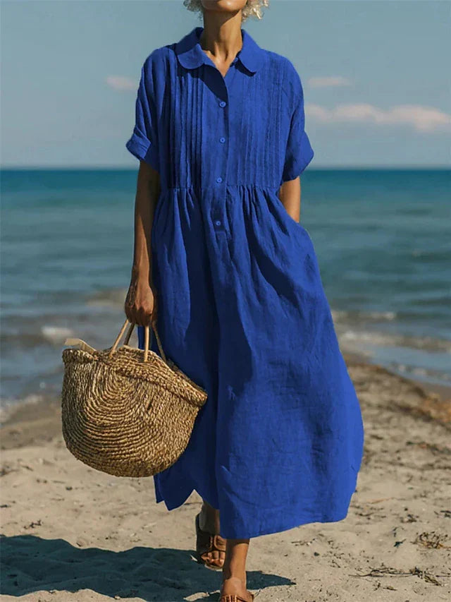 Saskia | Damen Hemdblusenkleid Maxikleid mit Knöpfen