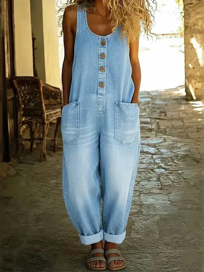 Lena | Damen Jeans Latzhose Locker Vintage Knöpfe Overall