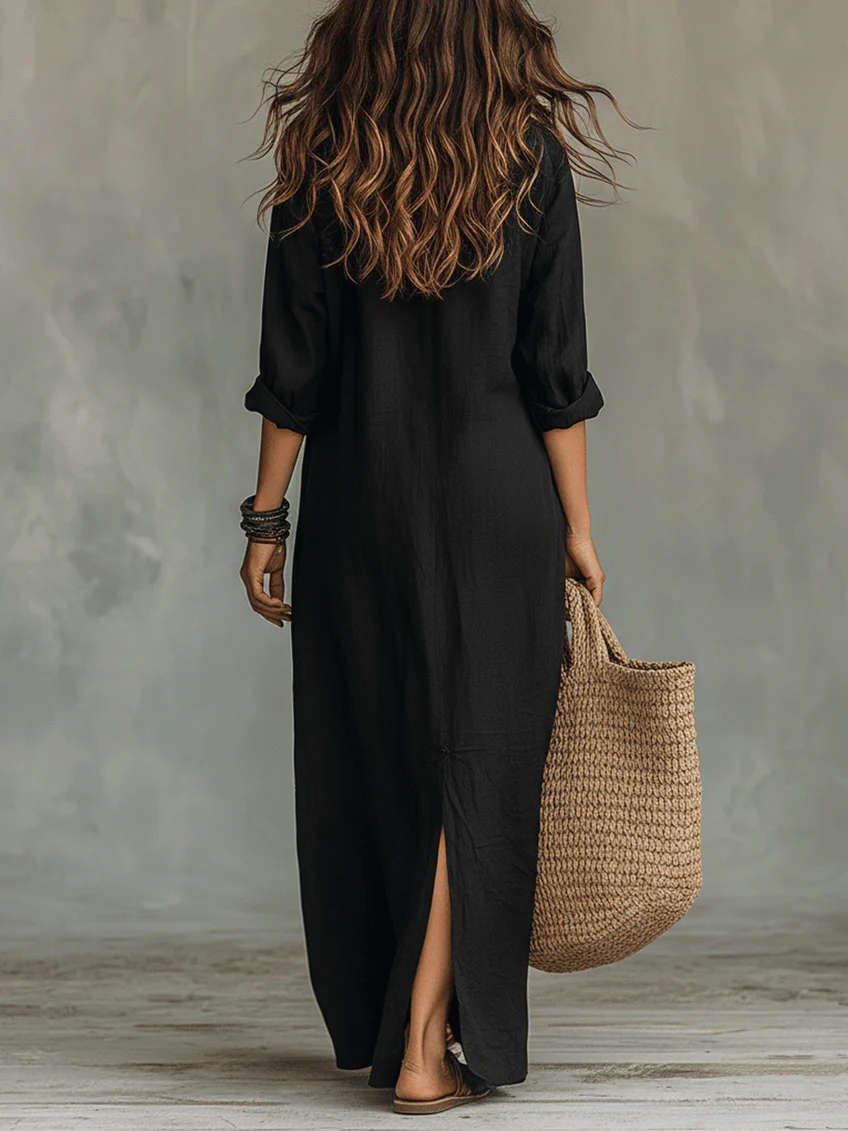 Selestina | Damen Hemdblusenkleid Schwarz Langarm Maxikleid