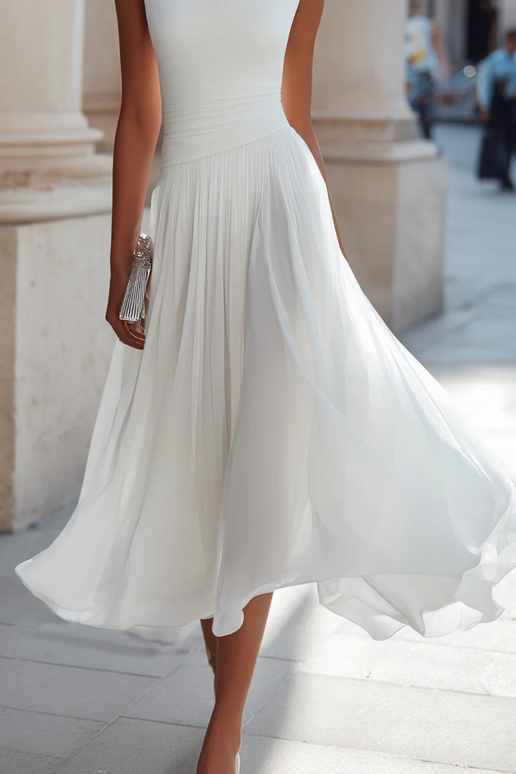 Seraphita | Damen Drapiertes Ärmellos Plissee Midikleid
