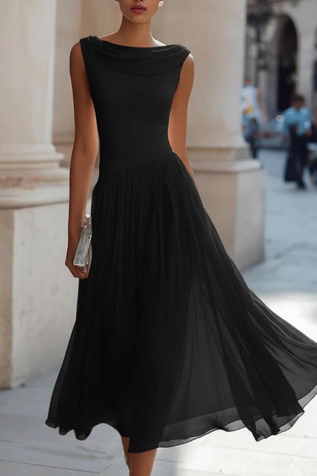 Seraphita | Damen Drapiertes Ärmellos Plissee Midikleid