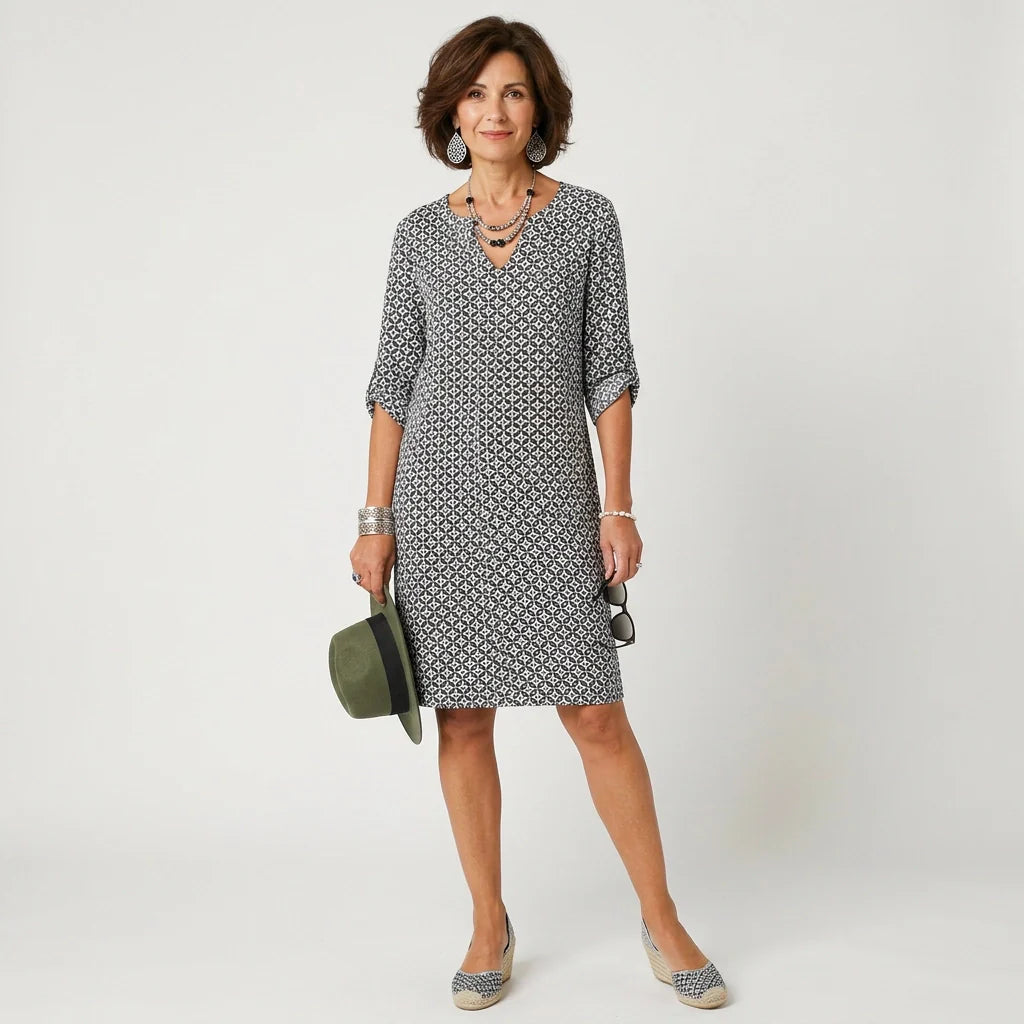 Sommerkleid für Damen im Etui Stil mit 3/4 Arm und V-Ausschnitt