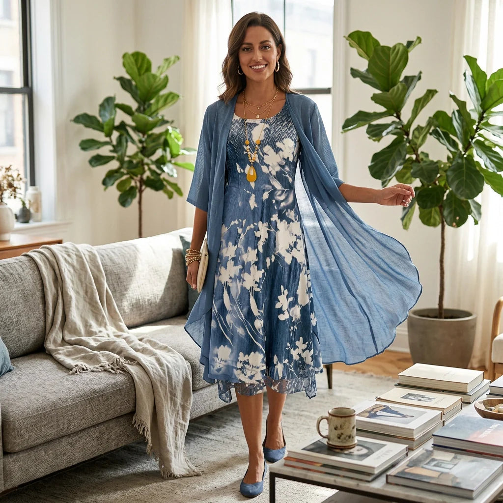 Luftiges Sommerkleid mit 3/4 Arm und Blumenmuster