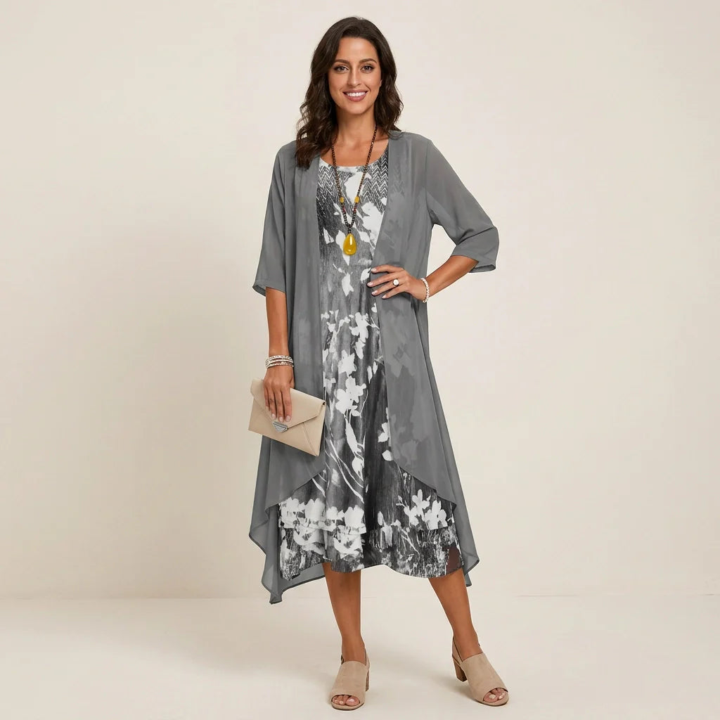 Chiffon Midi Sommerkleid mit Blumenmuster im Zweiteiler Stil
