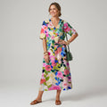 Geblümtes Sommerkleid in A-Linie mit V-Ausschnitt und Kurzarm