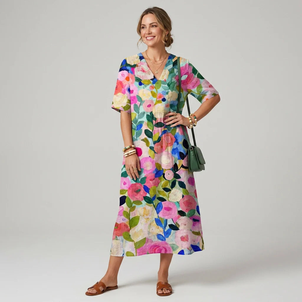 Geblümtes Sommerkleid in A-Linie mit V-Ausschnitt und Kurzarm