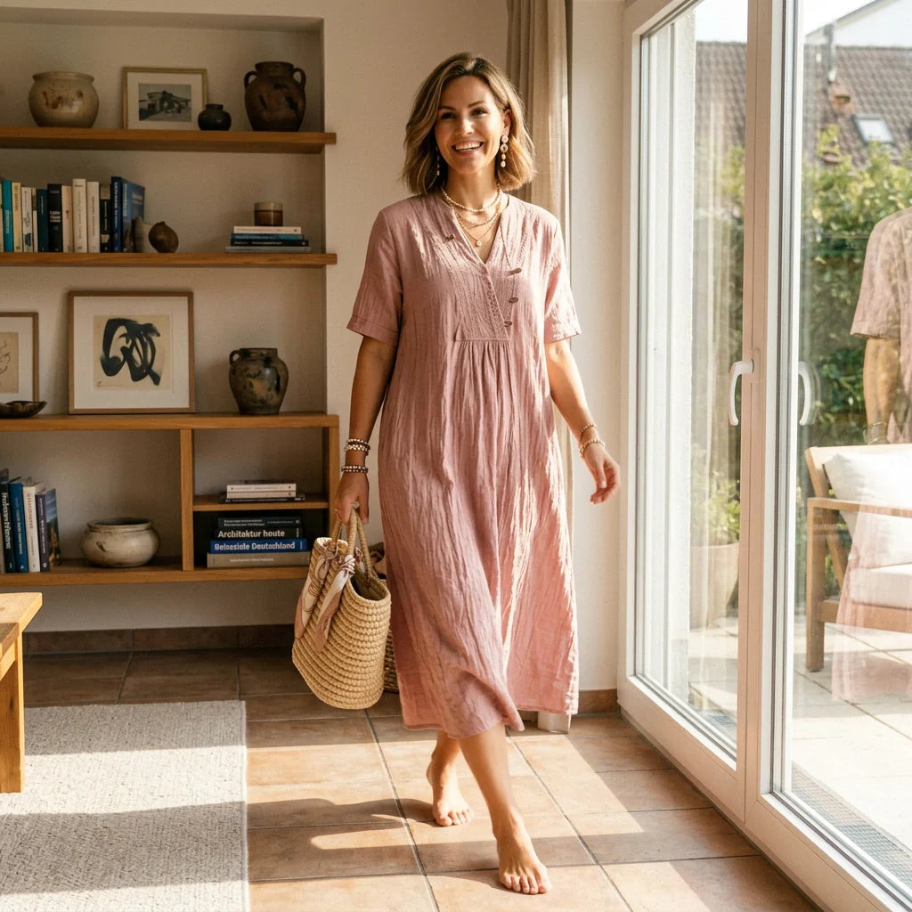 Sommerkleid für Damen in A-Linie mit V-Ausschnitt in Kurzarm-Form
