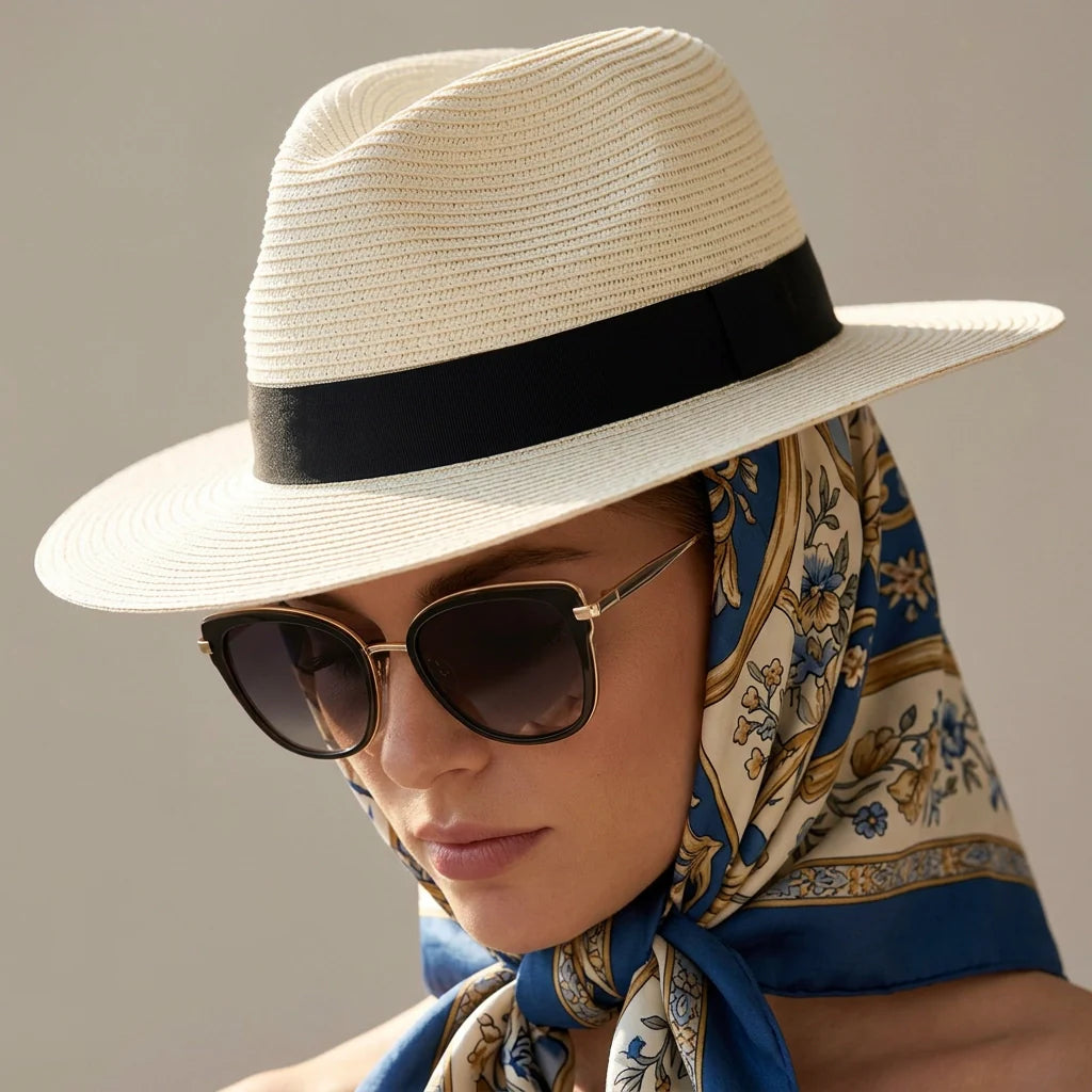 Sonnenhut aus Stroh mit großer Krempe im eleganten Stil