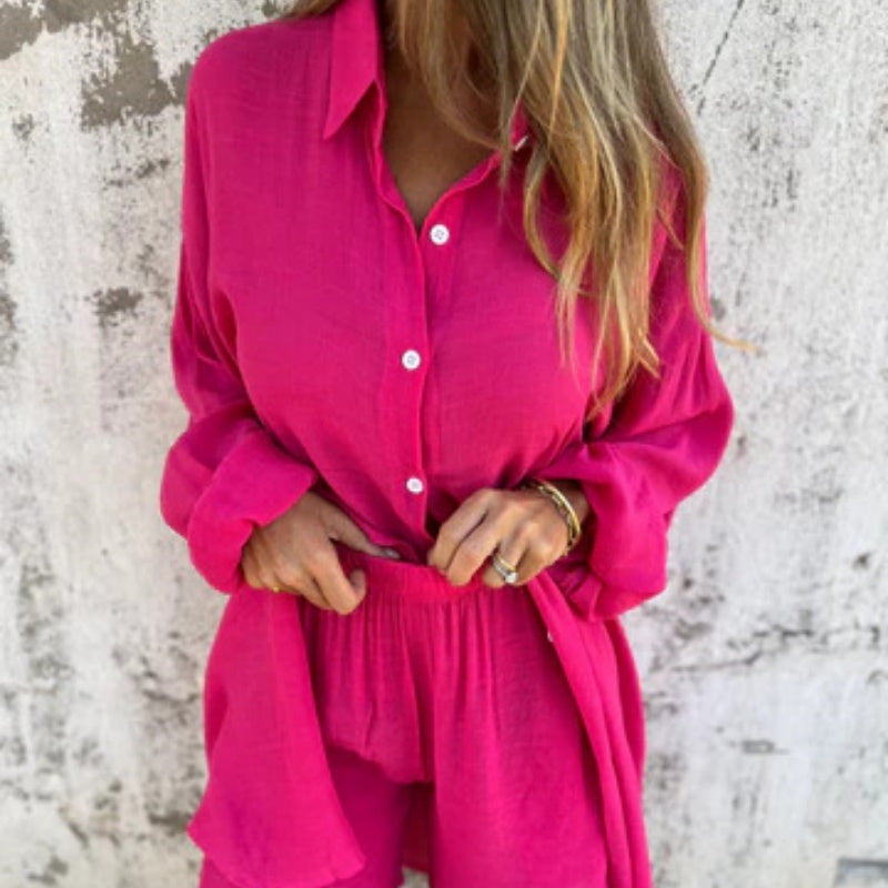 Sena | Damen Zweiteiler Set Hemdbluse Weite Hose Sommer