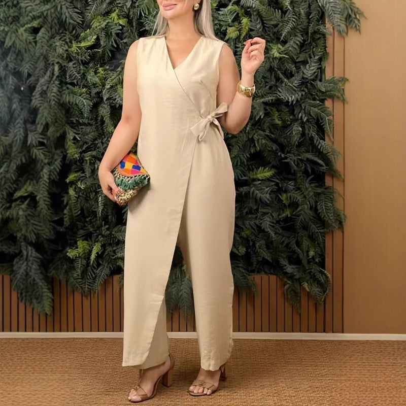 Terra | Damen Jumpsuit Ärmellos Wickel V-Ausschnitt Bindegürtel