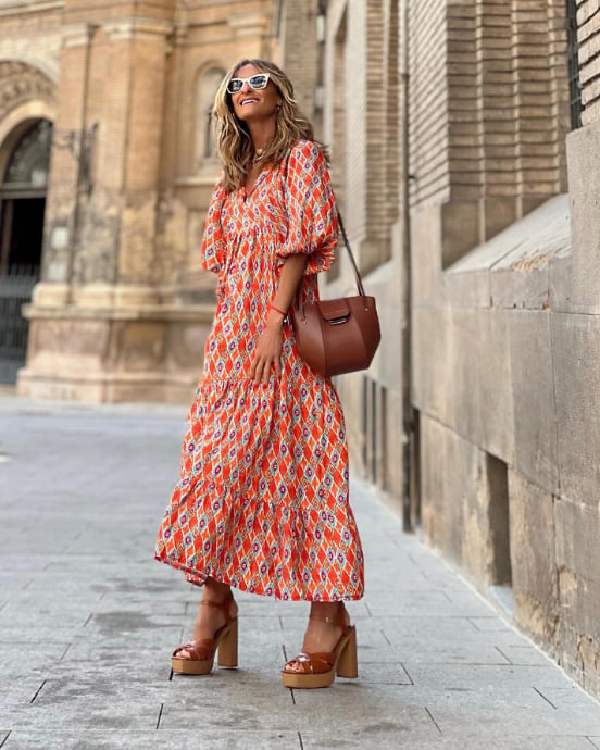 Rosa | Damen Boho Maxi-Kleid Puffärmel V-Ausschnitt Muster