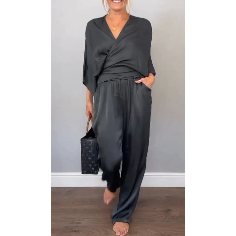 Aria | Damen Set Wickeltop V-Ausschnitt Weite Hose Elegant
