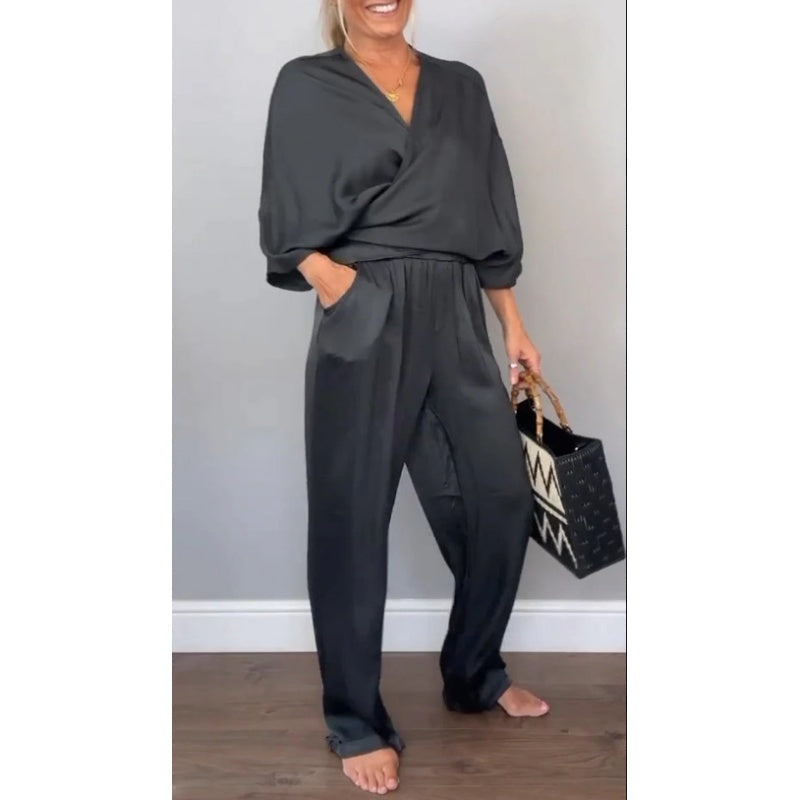 Aria | Damen Set Wickeltop V-Ausschnitt Weite Hose Elegant