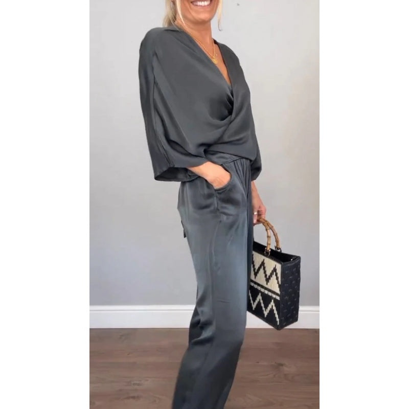 Aria | Damen Set Wickeltop V-Ausschnitt Weite Hose Elegant