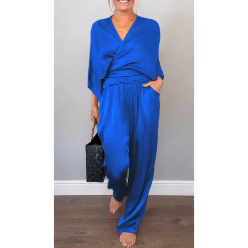 Aria | Damen Set Wickeltop V-Ausschnitt Weite Hose Elegant