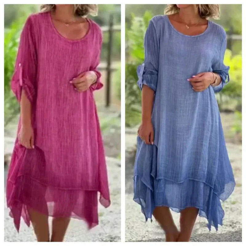 Clara | Damen Kleid Midi 3/4-Arm Lagenlook Asymmetrisch
