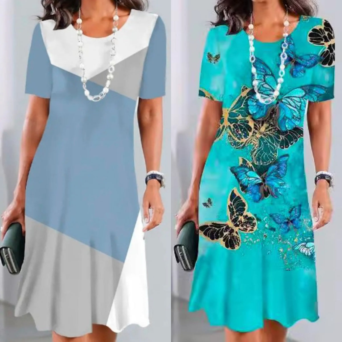 Wren | Damen Midi Kleid Kurzarm Colorblock Rundhals Sommerkleid