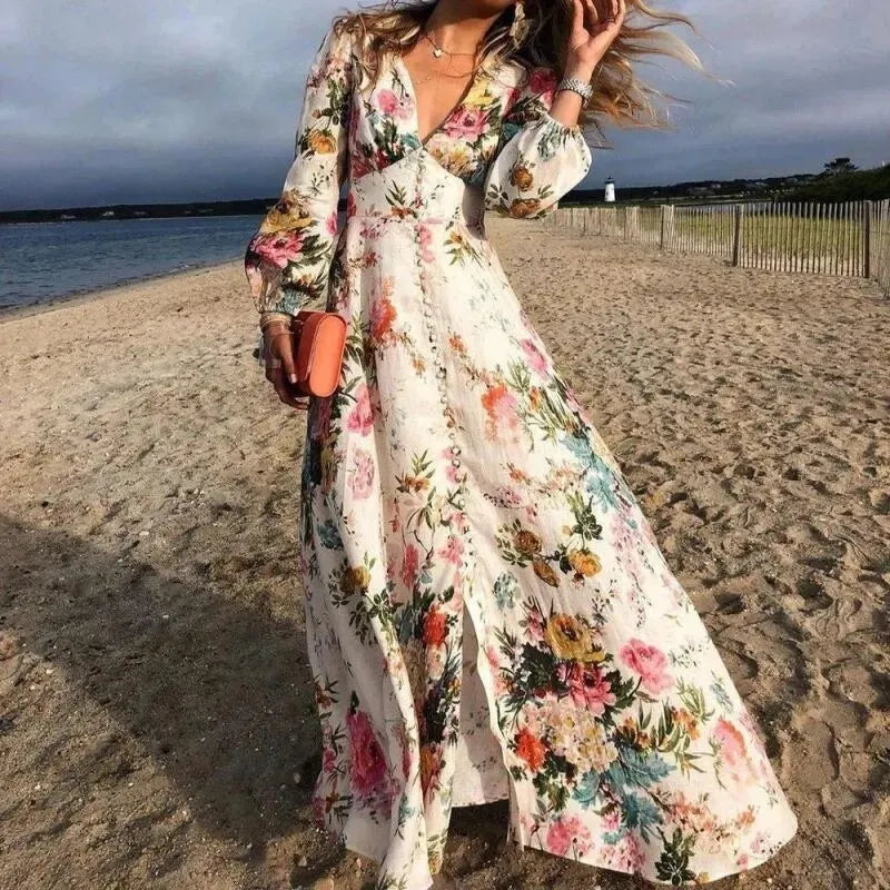 Tabitha | Damen Blumen Langarm Maxikleid
